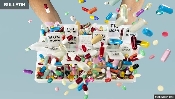 Tossing pills in the air from weekly medicine container. Side effects of prescribed drugs.