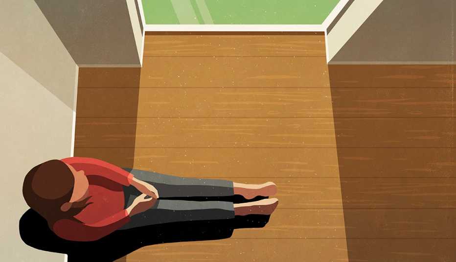 illustration of a woman alone isolated indoors looking out a window