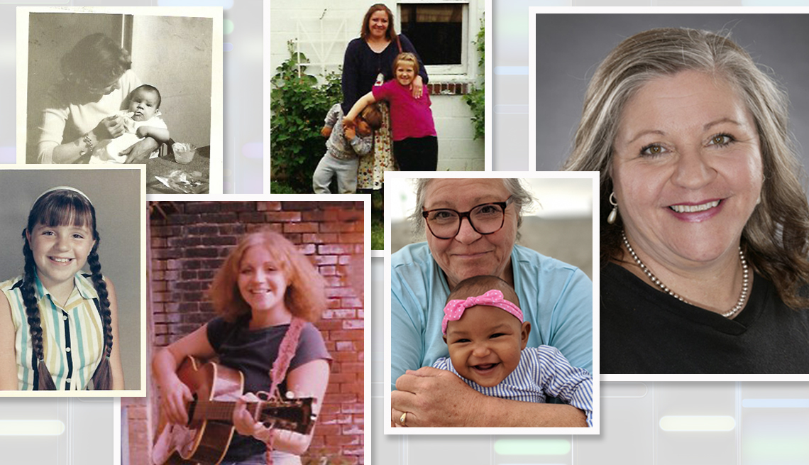 collage of different photos of sandy hingstron throughout her life until her current age