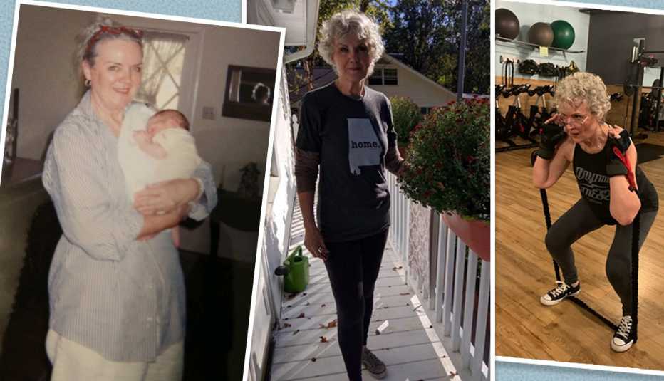 Before and after picture collage of a woman's weight loss.