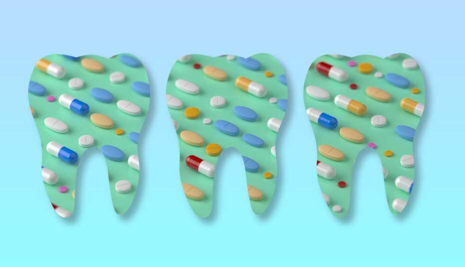 three teeth silhouetted and filled with a pattern of medicine pills and capsules