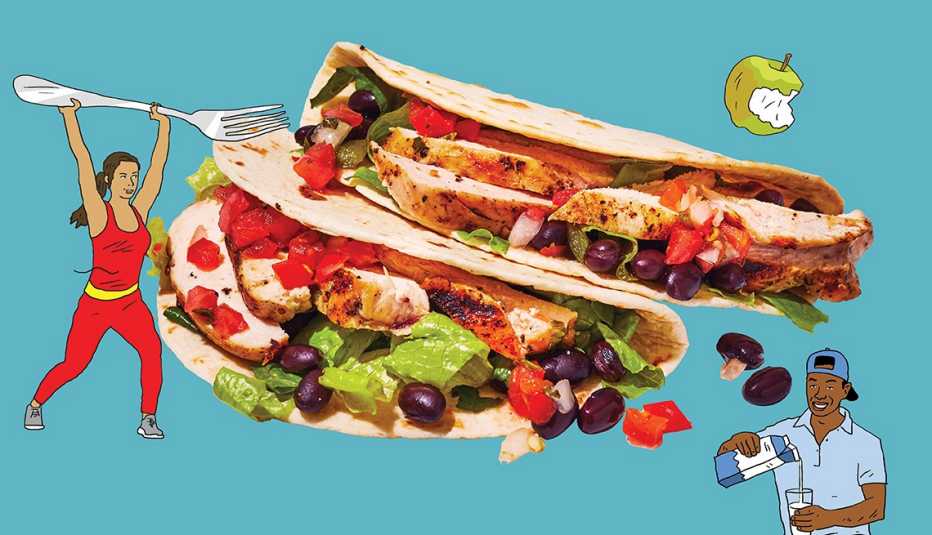 photo of chicken and black bean tacos surrounded by cartoon people holding a fork and pouring milk