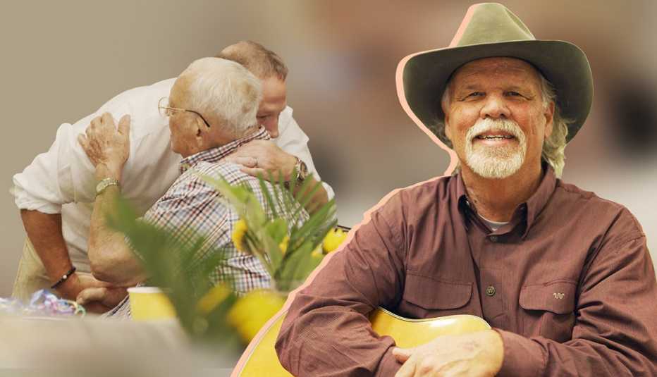 a man with a guitar in a brown shirt and a cowboy hat next to two other men hugging