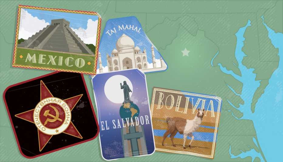 illustrated map with patches from Mexico, Bolivia, El Salvado, Taj Mahal, Russia