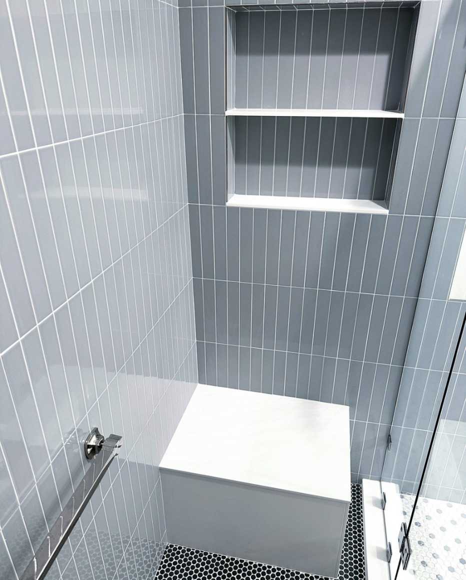 Kraig Odden's bathroom renovation included a built-in bench and grab bar.