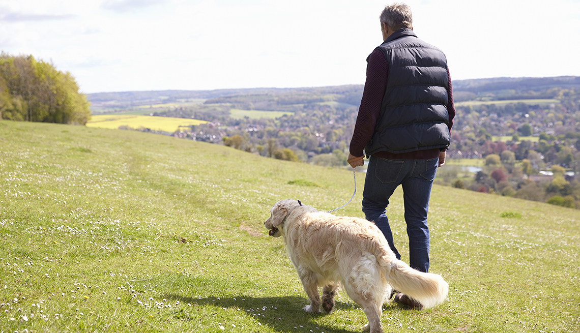 a man walking with a golden retriever