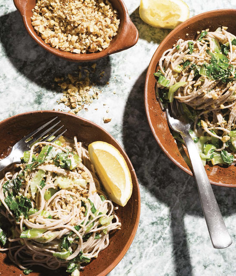 miso walnut soba in two bowls next to each other