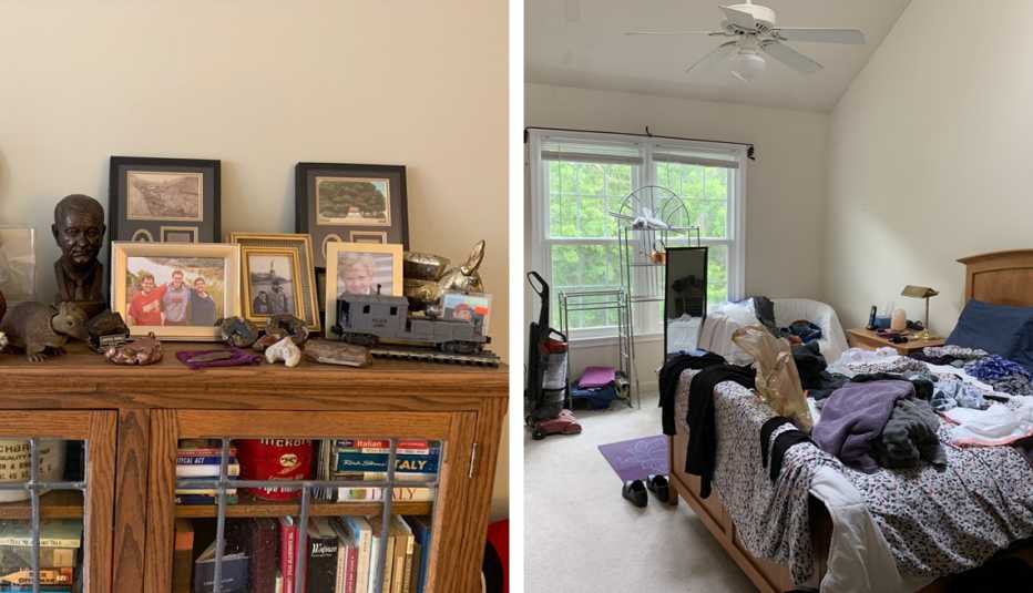 two images one of a cluttered dresser cabinet and another of a bed heaped with laundry