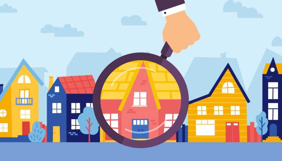 a row of houses with a hand holding a magnifying glass over one of them