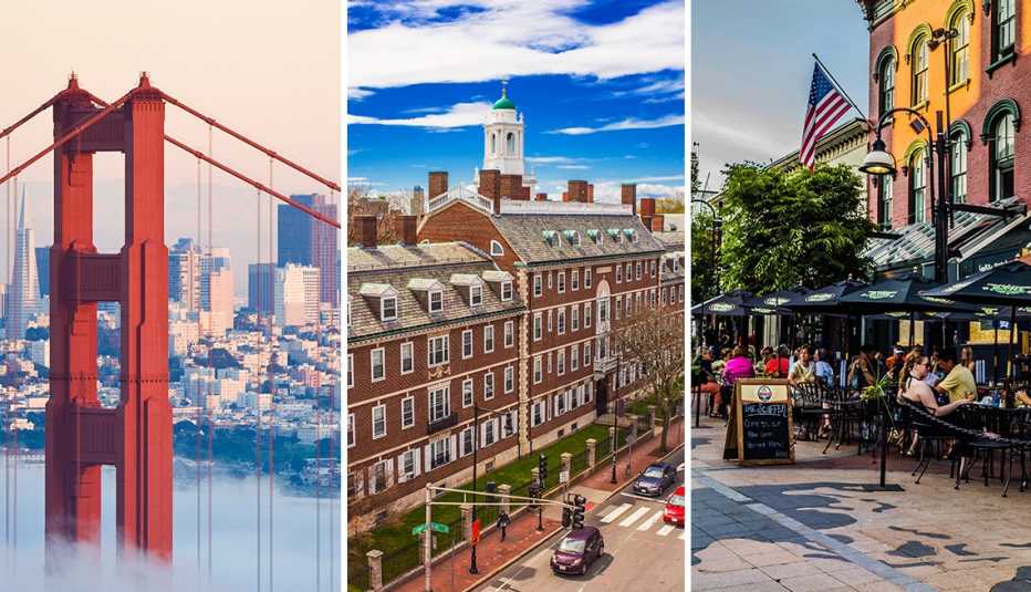 from left to right san francisco as seen through the golden gate bridge in california then kennedy street in cambridge massachusetts then church street in burlington vermont
