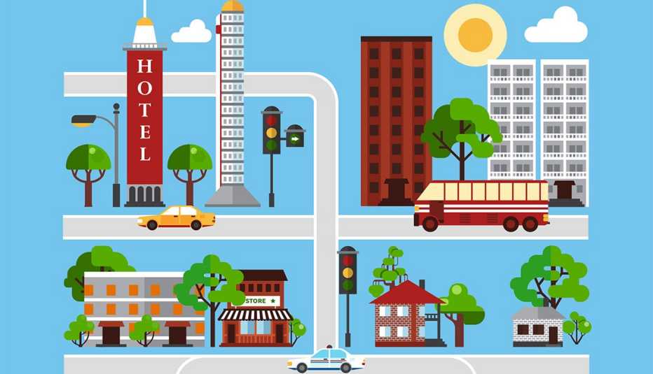 Cartoon illustration showing places in a town or city