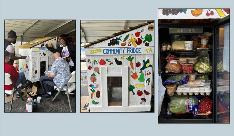 Volunteers decorate weatherproof shelters for housing community refrigerators 
