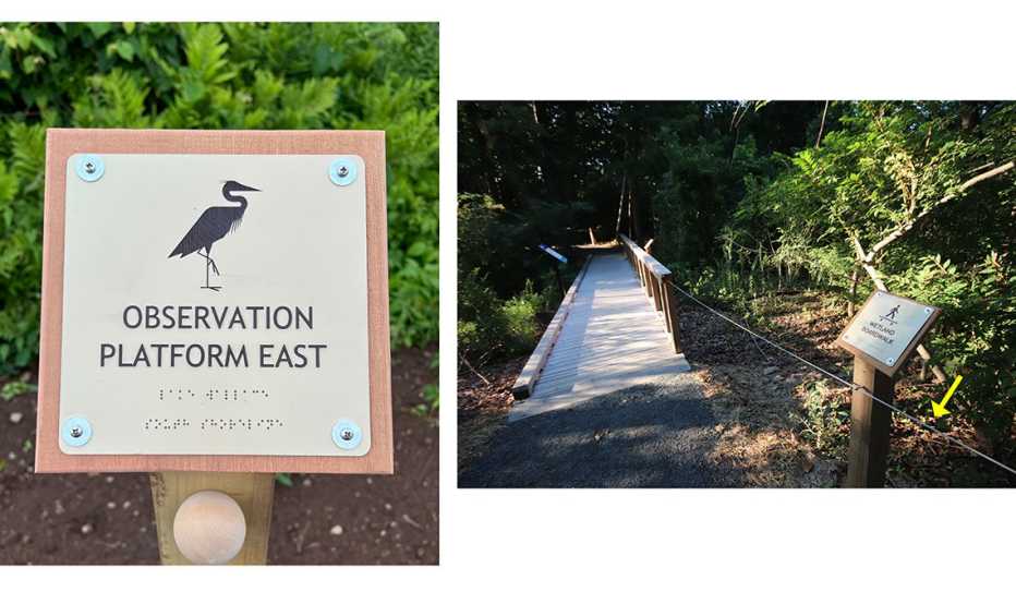 A trail sign says Observation Platform East in printed text and braille. A yellow arrow points to a guide wire along the trail.