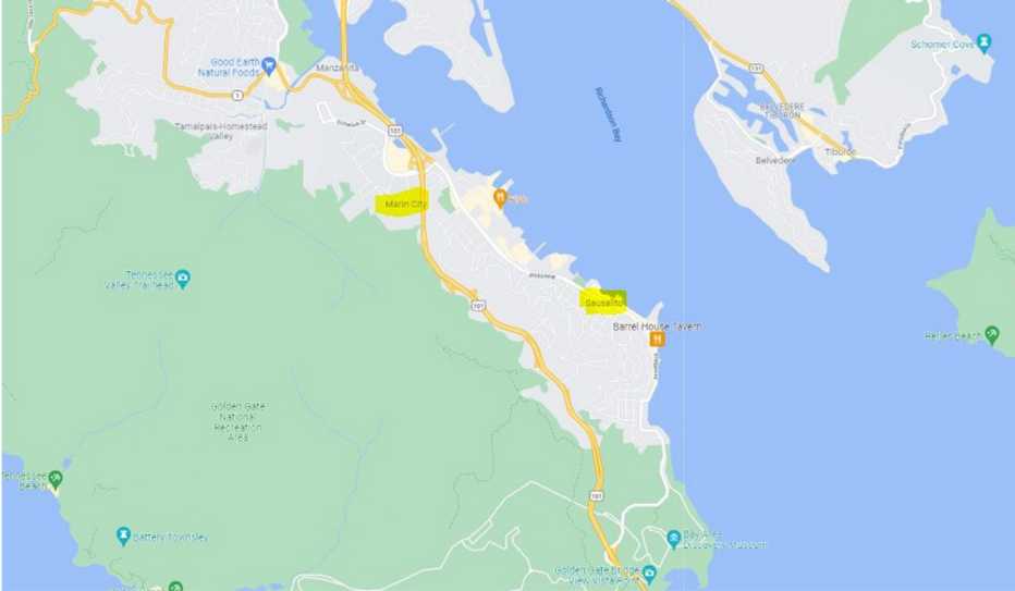 A map showing the location of Sausalito and Marin City, California