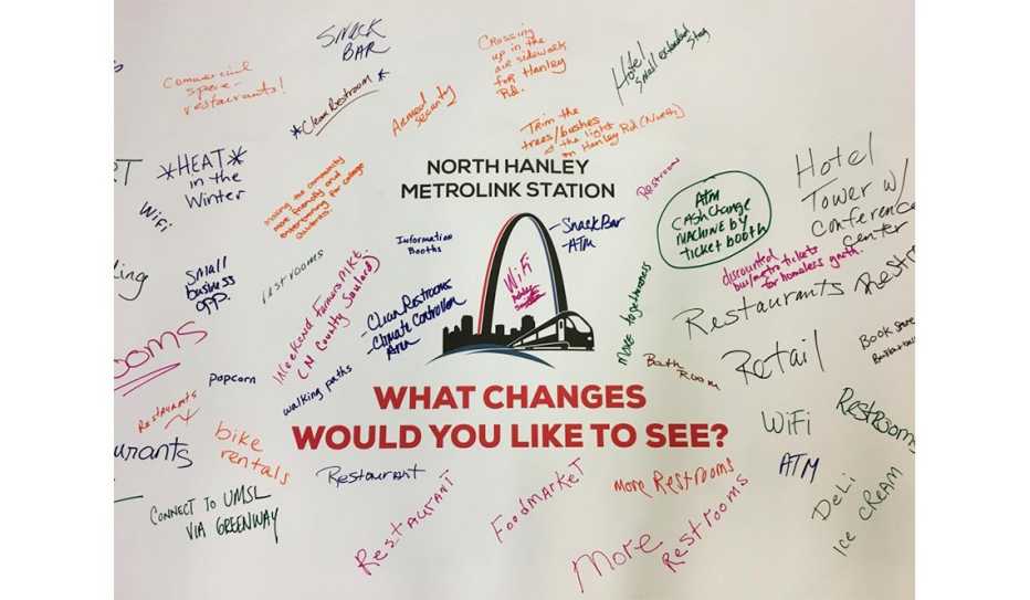 A banner posted at the North Hanley Metrolink Station says "What changes would you like to see?"