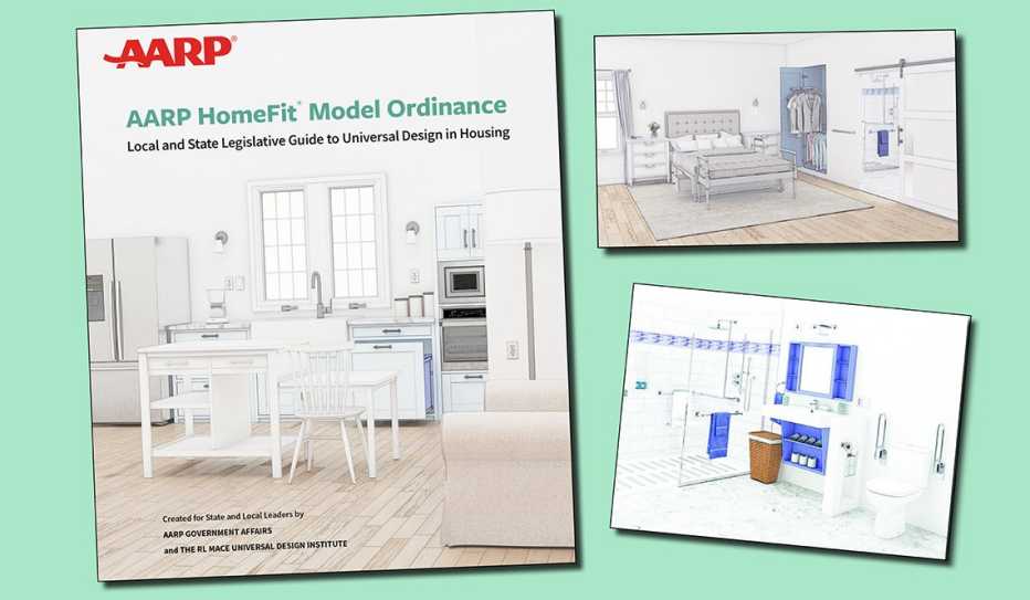 The cover, a bedroom and a bathroom illustration from the AARP HomeFit Model Ordinance