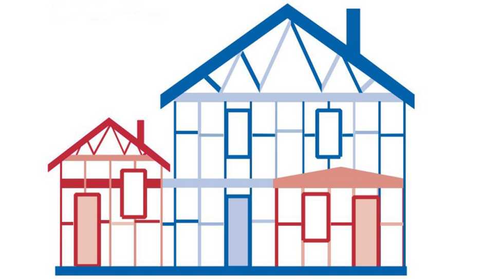 Drawing of a large house and smaller house attached to its side.