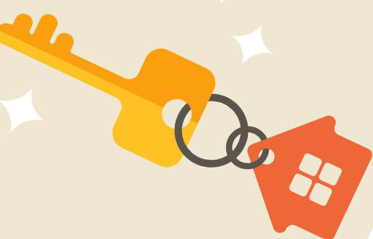 Illustration of a key on a house-shaped key chain.