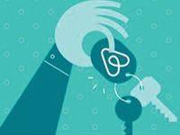 Illustration of a hand holding a key chain with the Airbnb logo