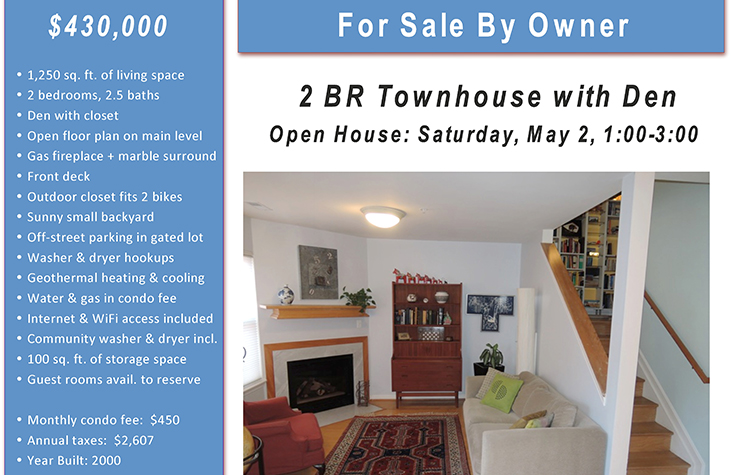 A "For Sale" flyer for a two-bedroom townhouse with a den