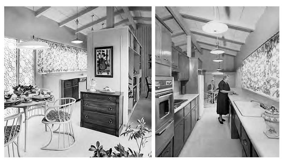 Photographs of the living and dining area and the kitchen