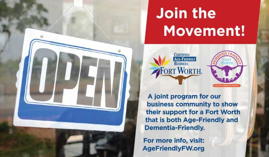 An Open Sign and information about Age-Friendly Fort Worth