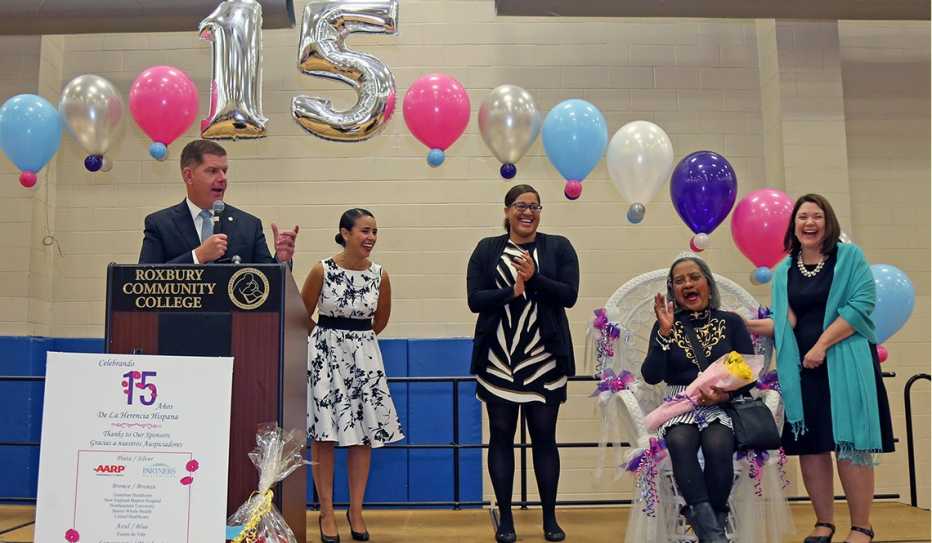 Emily Shea (far right) and Boston Mayor Martin Walsh (far left) at a 15th anniversary event