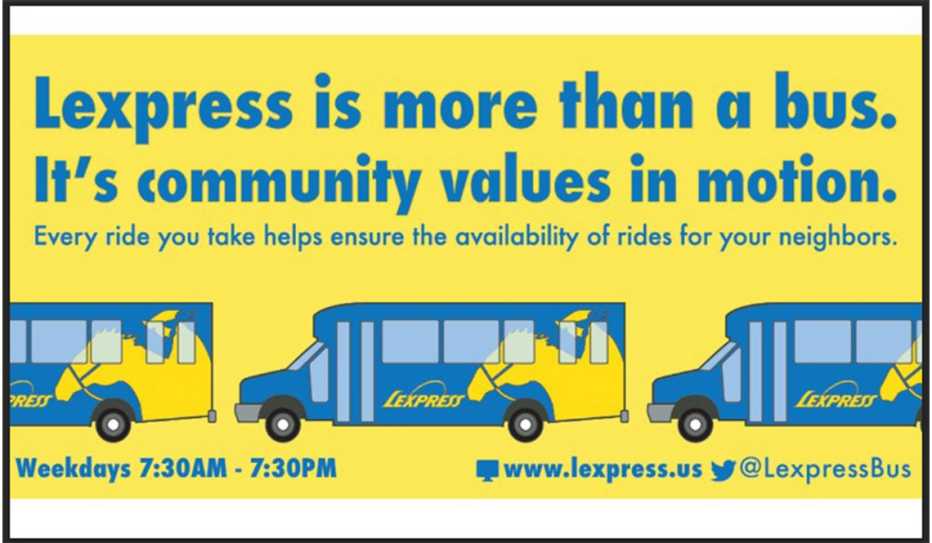 A promotional graphic for the Lexpress bus in Lexington, Vermont, says "Lexpress is more than a bus. It's community values in motion. Every ride you take helps ensure the availability of rides for your neighbors.