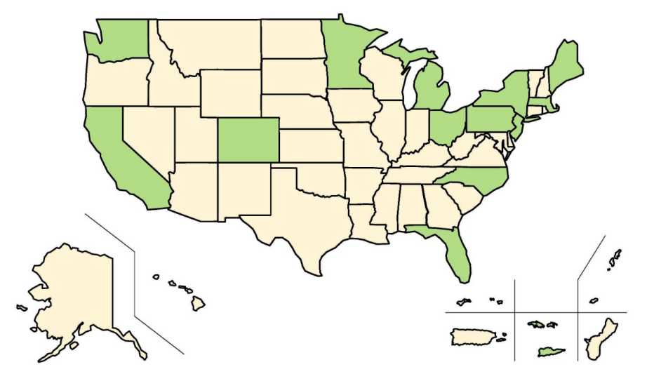 Map indicating the 14 state and territories that are members of the AARP Network of Age-Friendly States and Communities as of September 2025