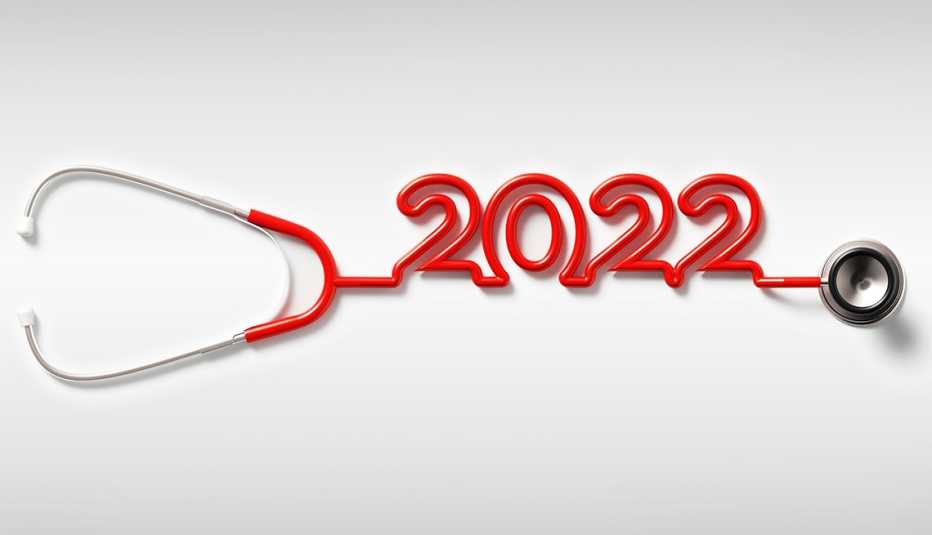 red stethoscope tube forming the year twenty twenty twoon white background