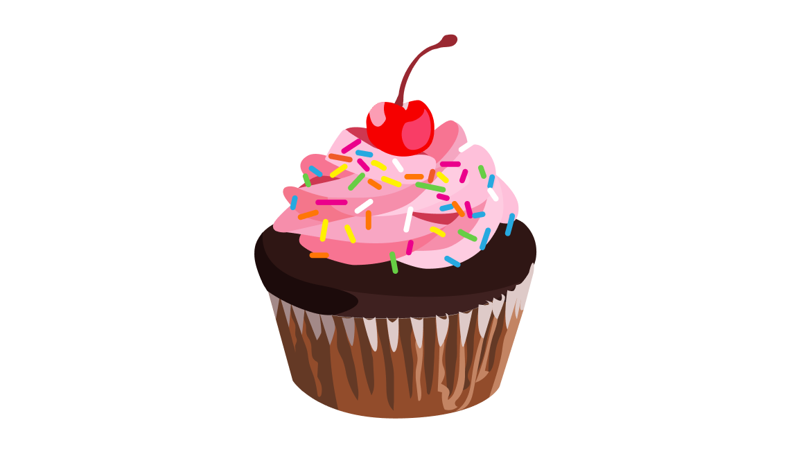 illustration of a chocolate cupcake with strawberry icing and cherry on top