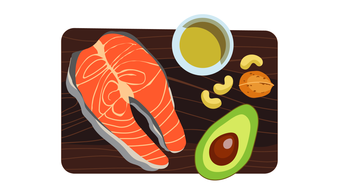 illustration of a black cutting board with salmon, olive oil, nuts and avocado