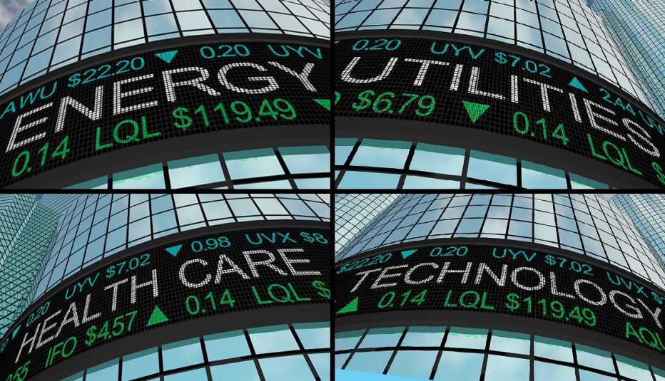 signs from a building on wall street that show industry sector numbers