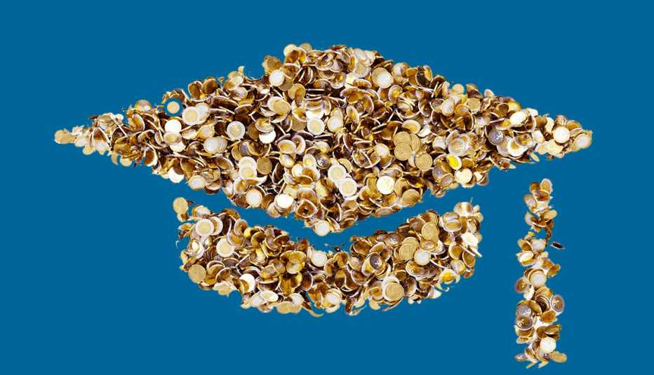 A mortar board college graduation cap made of gold coins represents tuition fees.