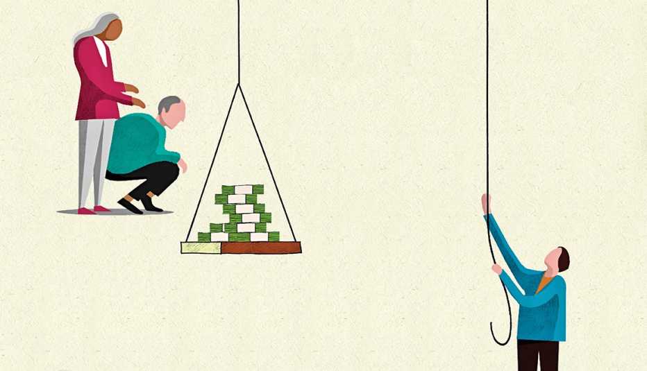 illustration of a man giving cash to his elderly parents
