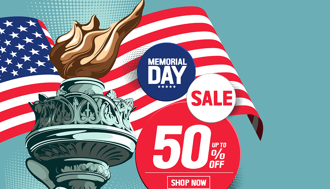 illustration of advertisement for Memorial Day Sale with American flag and the hand of the Statue of Liberty