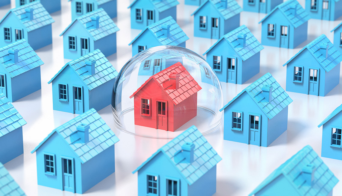 illustration of lined up blue houses on a white background with one red house protected by glass dome 