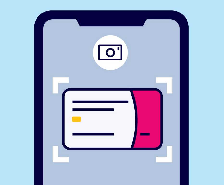 mobile phone screen with camera app focusing on a credit card so that the card can be added to the users digital wallet