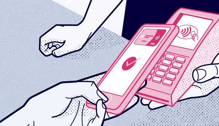 illustration of a person using their phone digital wallet to pay for something at a store with a handheld scanner