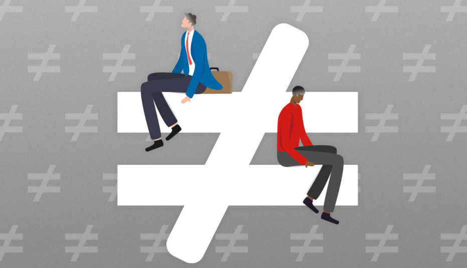 unequal sign with black worker sitting on lower dash of the sign and white worker sitting on top