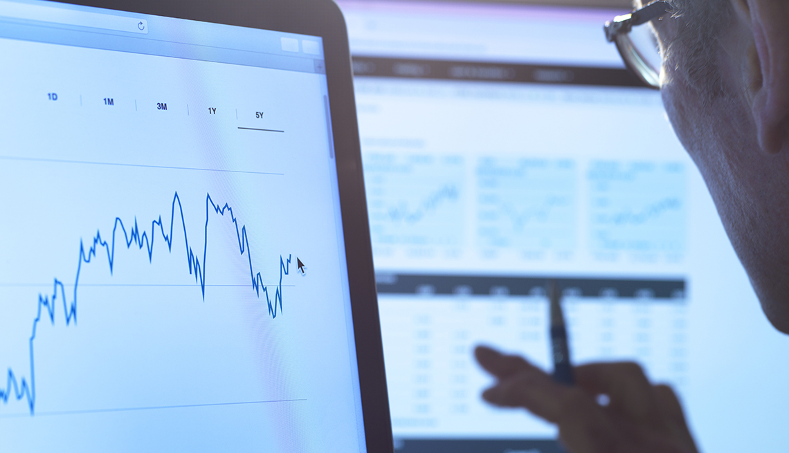 man looks at computer screen display of stock  growth over time