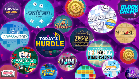 illustration showing bubbles with logos for games in them such as mahjong, bubble shooter, texan hold em, family feud and scramble
