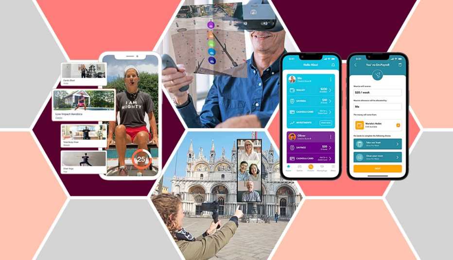 images of various technological devices over a hexagonal pattern