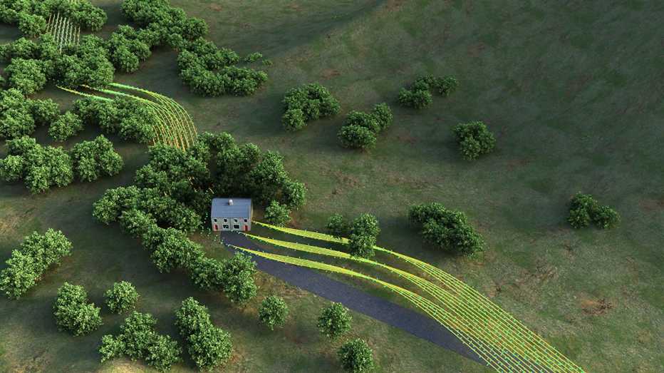 an abstract image showing broadband internet flowing through a rural home