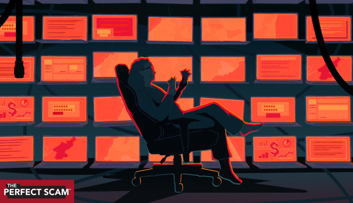 A woman sits in front of a bank of computers