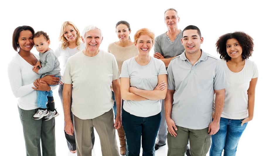 Group of Happy Multi-generation family smiling and standing together.  Isolated on white background.  
