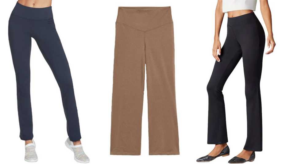 Skechers Gowalk Pants in Blue Iris; Old Navy Extra High-Waisted PowerChill Cropped Wide-Leg Yoga Pants for Women in Play Clay; Hanes ComfortFlex Flare Leggings in Black