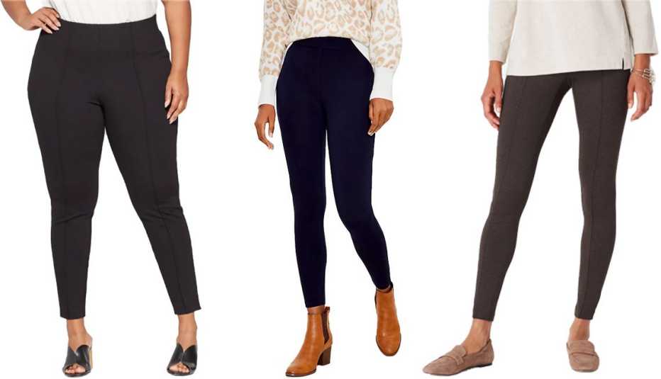Ava & Viv Plus Size Mid-Rise Pull-On Ponte Pants in Black; Loft Seamed Ponte Leggings in Forever Navy; J.Jill Smoothing﻿-Ponte Leggings in Black