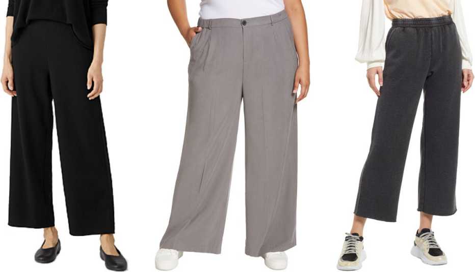 Eileen Fisher Flex Ponte Wide﻿-Leg Pant in Black; Open Edit Plus Twill Wide Leg Trousers in Grey Charcoal; Treasure & Bond Washed Wide Leg Pants