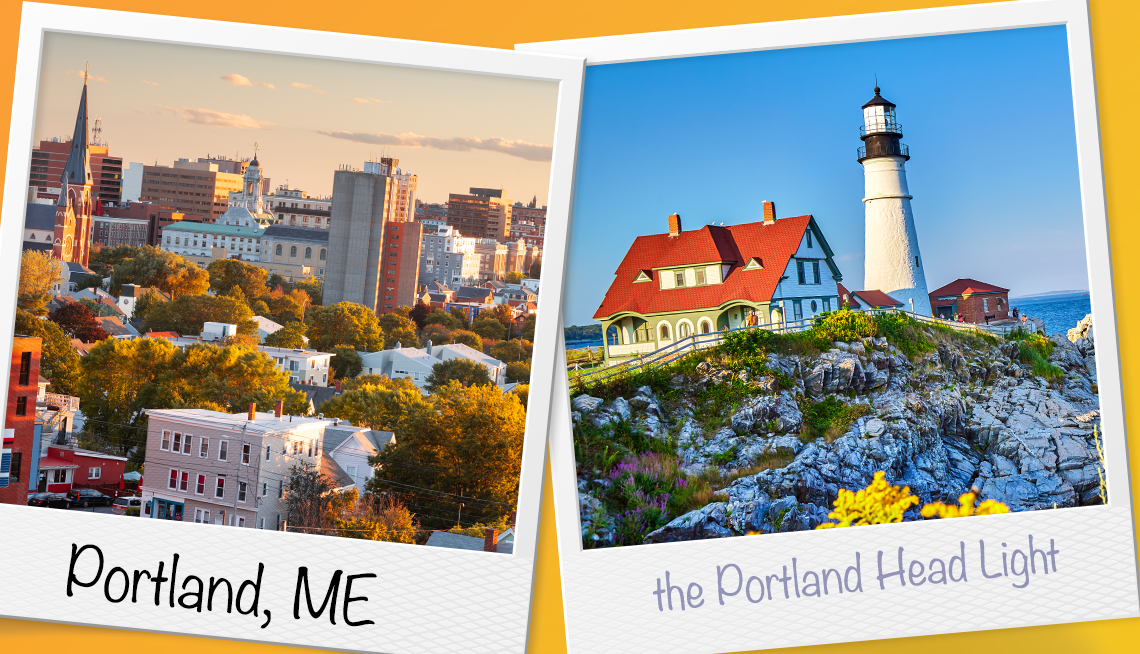 Left, the skyline of Portland, Maine. Right, the Portland Head Light